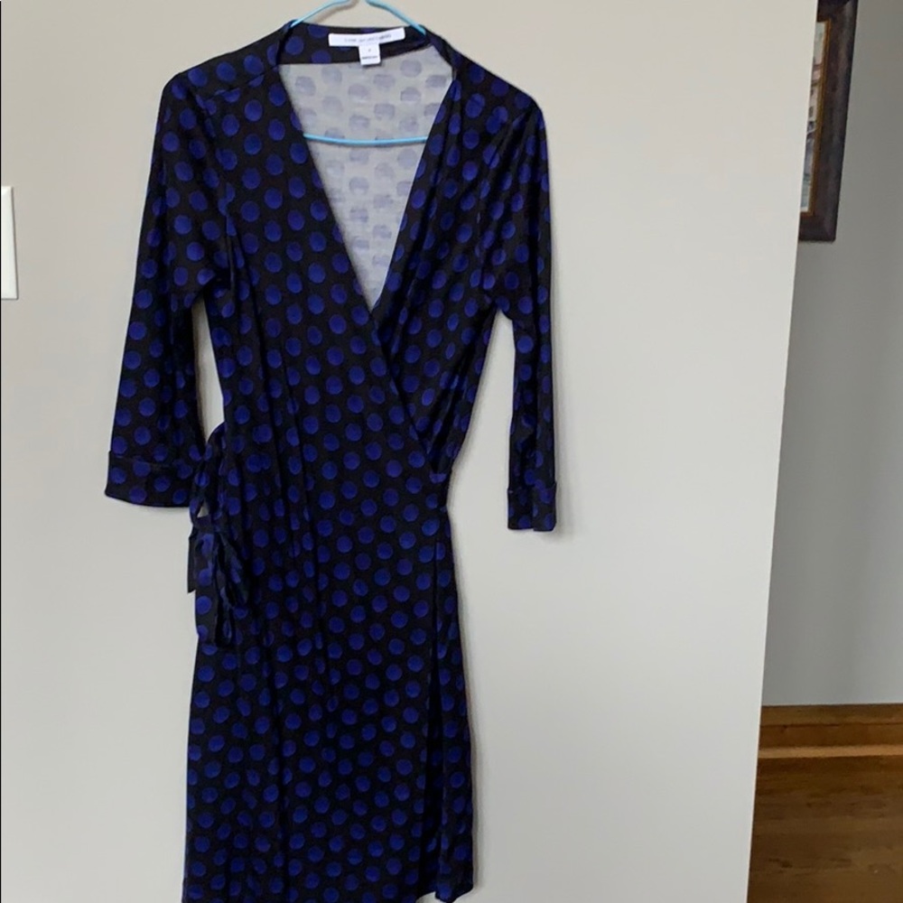 Diane Von Furstenberg Blue and Black Polka Dot Maxi Dress